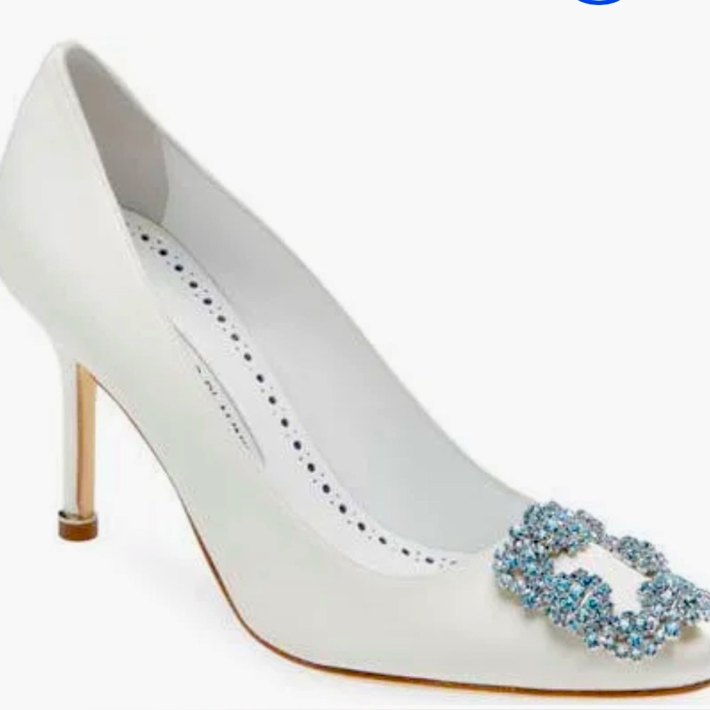 Manolo Blahnik White Satin Pump with Blue Crystal Buckle
